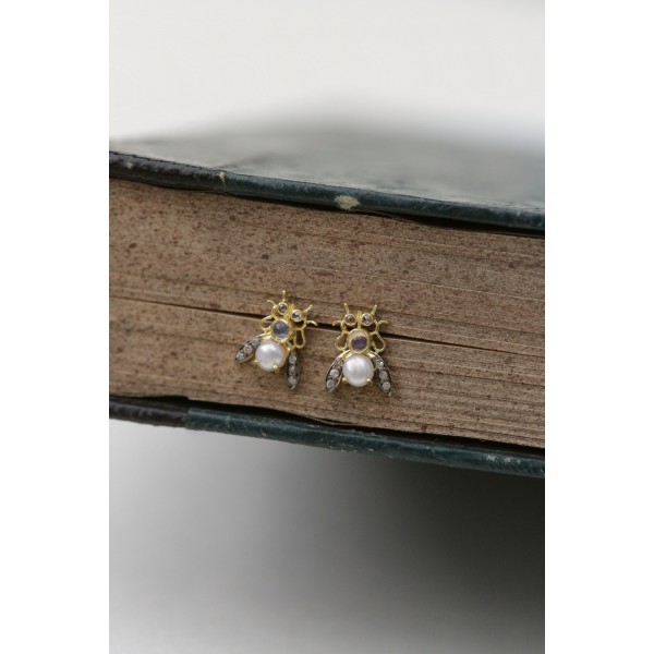 5 Octobre sidabro auskarai su deimantais, perlais ir mėnulio akmeniu